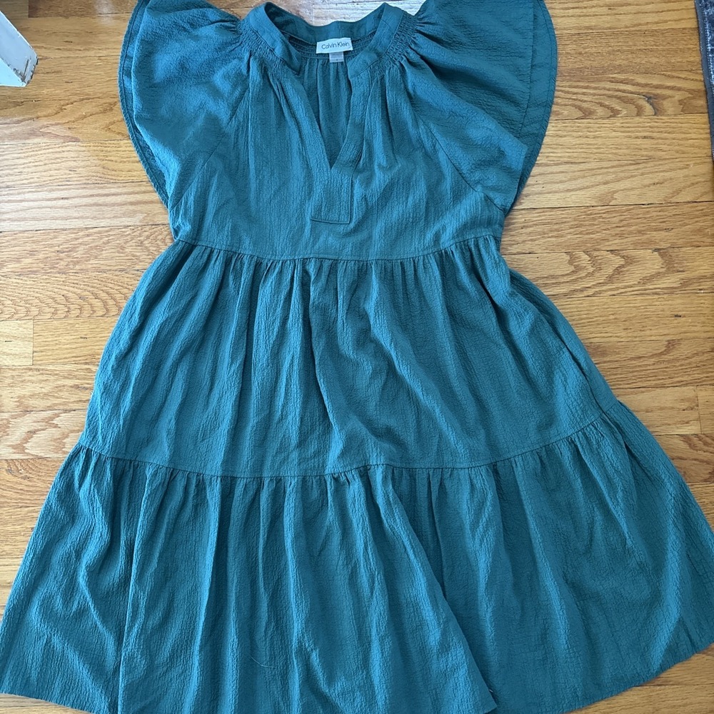 Calvin Klein woman Shift dress Size 4 Cap Sleeve Drawstring Pockets Green